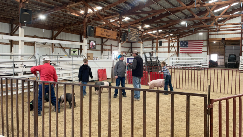 Clinican Kyle Russell provides a member with feedback regarding pig showmanship.